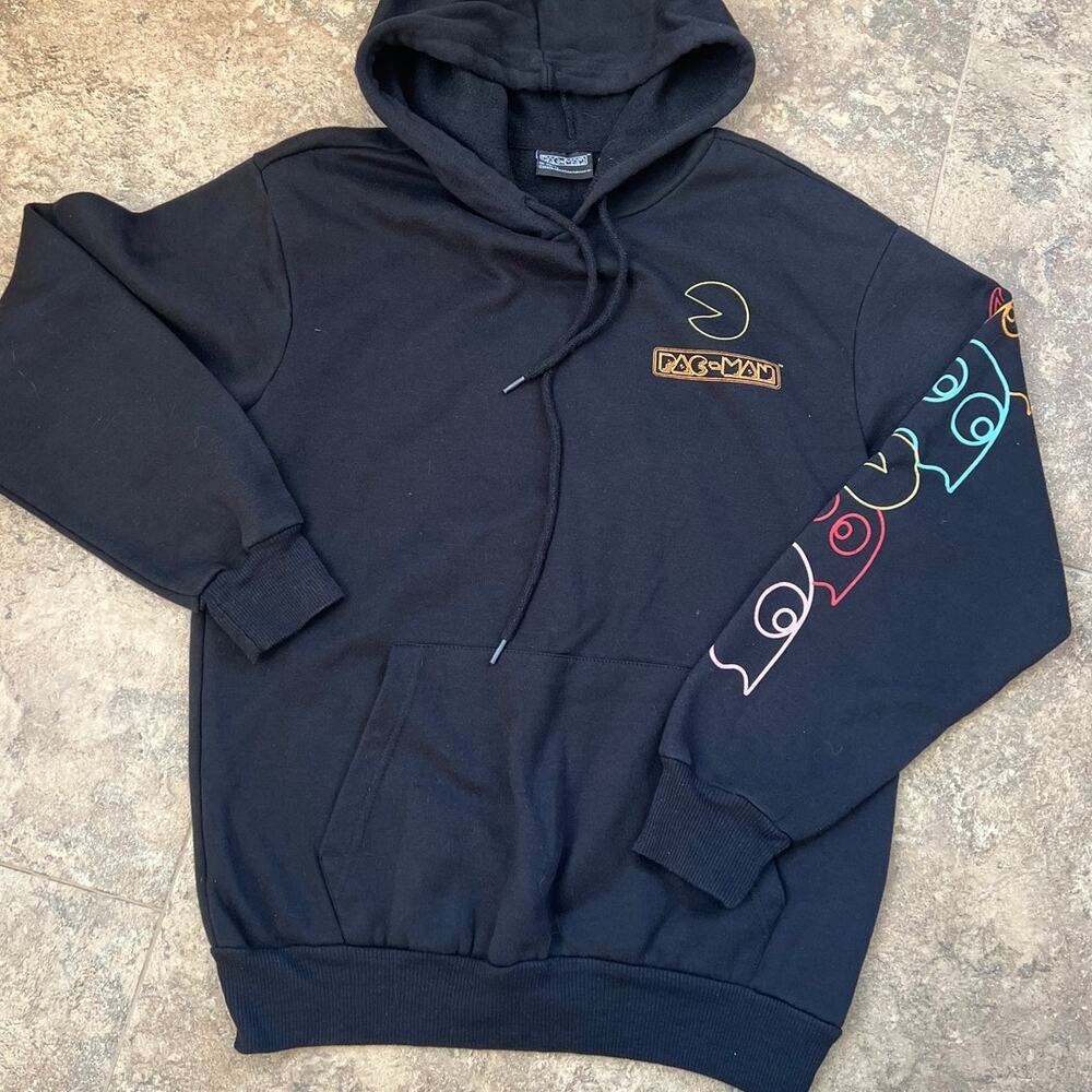 Pac-Man black sweatshirt hoodie with graphics on sleeve and back. Women's size S